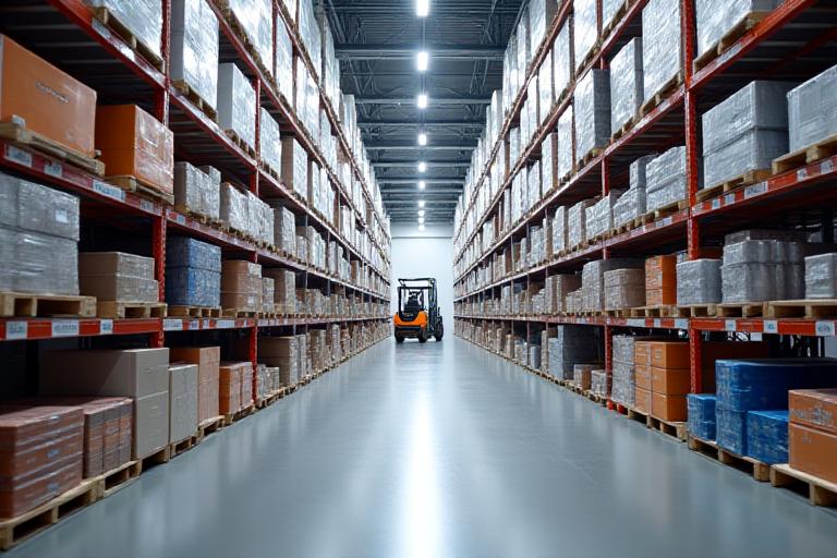 किरणों और इन्वेंट्री के साथ एक साफ, आधुनिक गोदाम